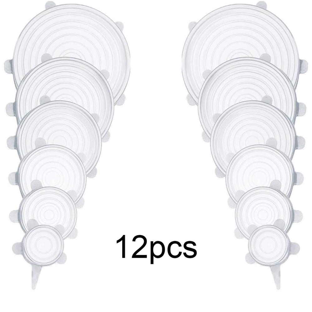6/12 Uds S6 Uds tapas elásticas de silicona cubiertas herméticas reutilizables para envolver alimentos mantener fresco Bol sellado cubierta de envoltura elástica cocina cocinar: 12pcs-transparent
