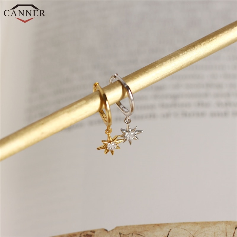 CANNER Gold Color Small Hoop Earrings for Women Girls 925 Silver Mini Circle Earrings Jewelry Zircon Star Earings H50