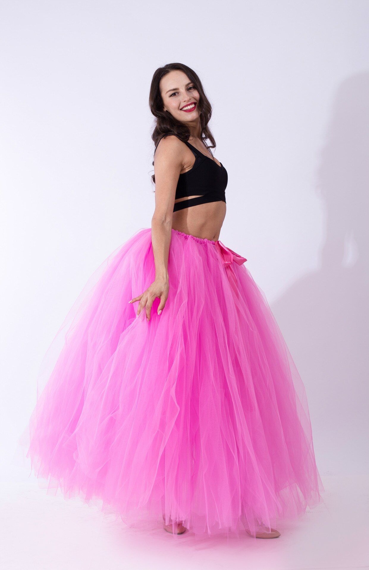 Schwarz Hoopless Lange Petticoat Hochzeit Krinoline Ballkleid Unterrock Schichten Tüll Rock Frau Erwachsene Tutu Braut Zubehör: Hot Pink