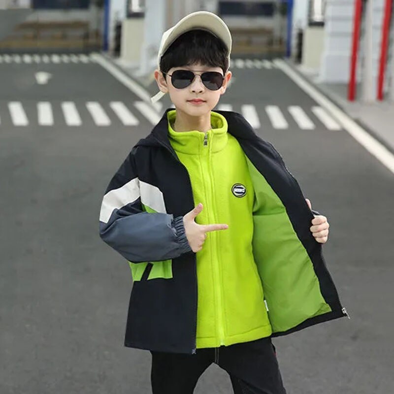 Lente Herfst Polyester Jas Voor Jongens 2022 Mode Afneembare 2 Stuk Outdoor Patchwork Casual Hooded Kinderkleding: Green / 8T