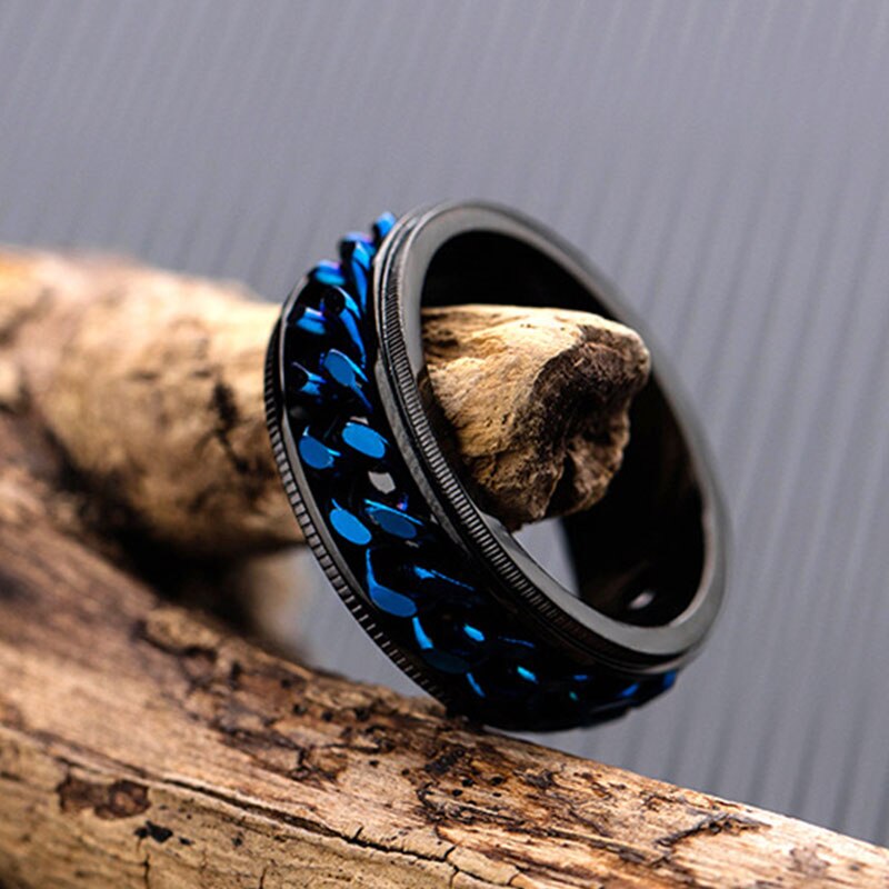 8mm Blue Spinner Chain Band Men's Stainless Steel Wedding Black Ring Party Jewelry Accessories Size 6-13