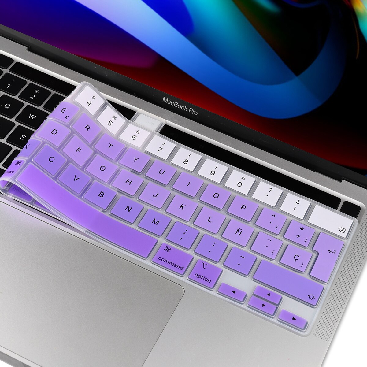 För macbook nyaste pro 13 a2251 a2289 a2338 m1 pro 16 tum  a2141 eu ryska spanska engelska tangentbordsfodral silikonskal: Lutning lila
