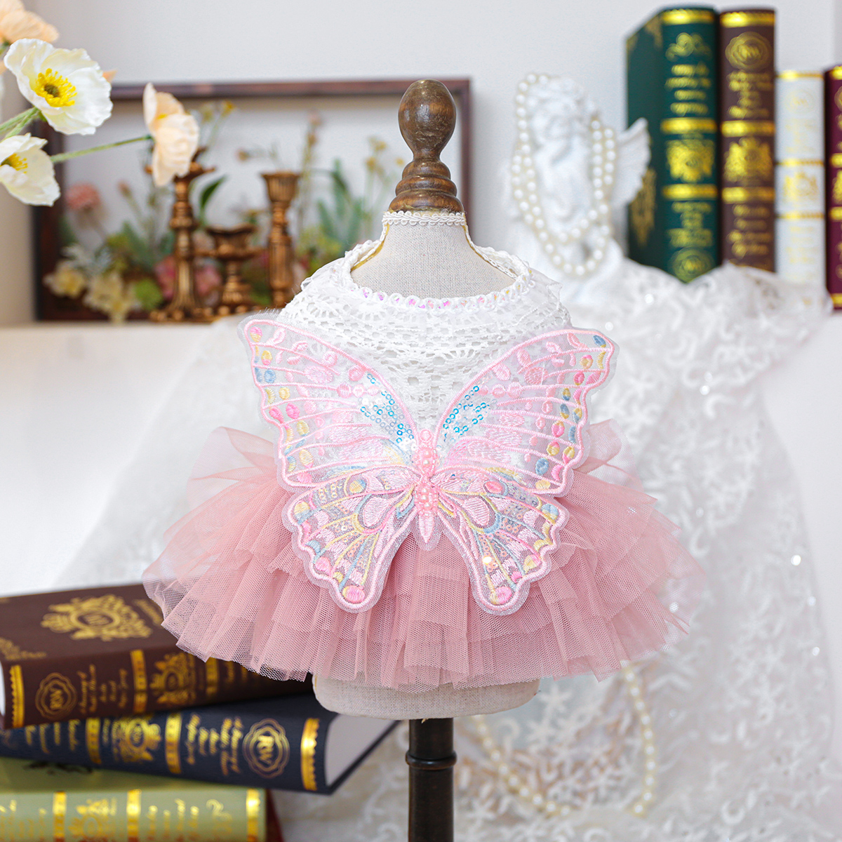 Vestido de gasa de Hada y mariposa, ropa para mascotas, perro, gato, verano, rosa, alas tridimensionales, vestido de princesa: L