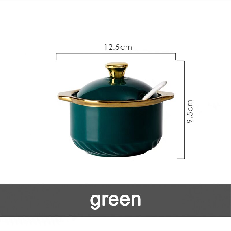 Cuenco de cerámica con tapas y cuchara para azúcar, juego de frascos de especias para condimentos de lujo, contenedor de almacenamiento de azúcar para Cocina: green