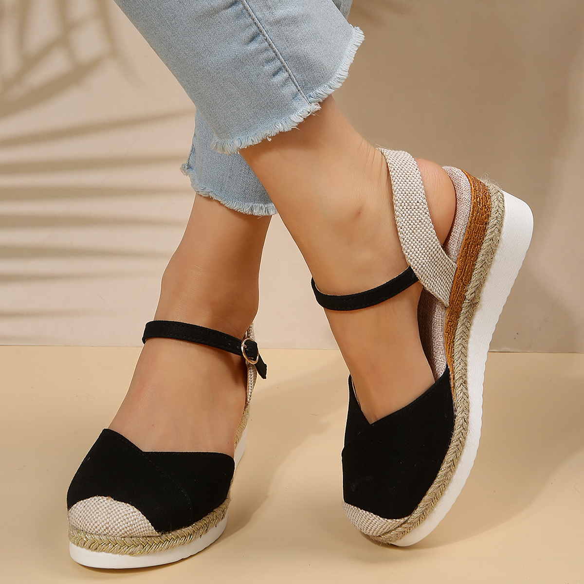 Sandalias de cuña con punta cerrada para Mujer, zapatos de gladiador con correa y hebilla, alpargatas de para Mujer, Sandalias con plataforma para Mujer 2024