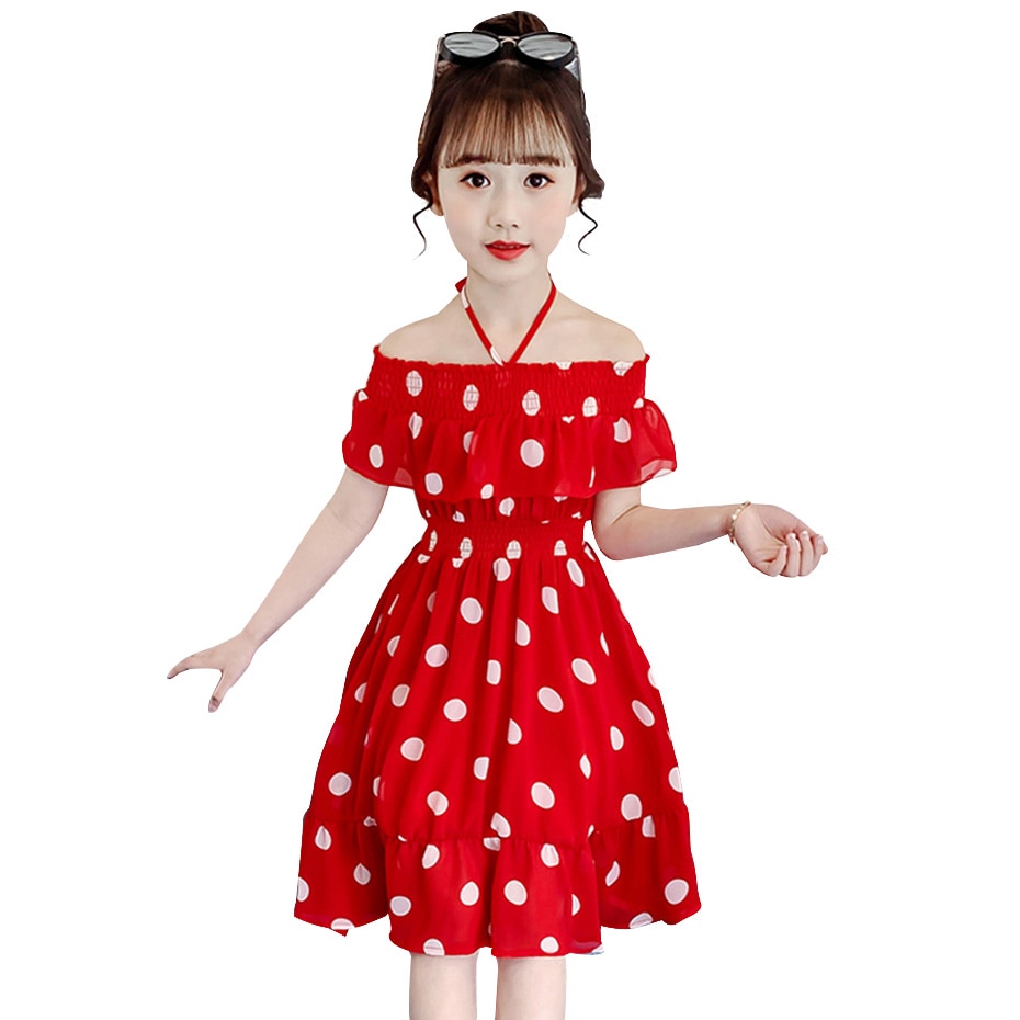 Vestito Da estate Della Ragazza Grande Dot Dress Per La Ragazza Shoulderless Vestito Da Partito Del Bambino Coulisse Abbigliamento Per Bambini 6 8 10 12 14