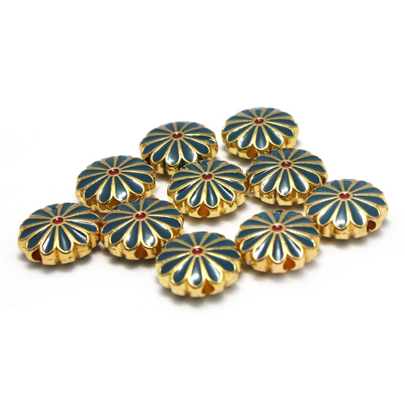 10Pcs Shiny Olie Enamel Bloem Bedels Kralen Accessoires Metalen Spacer Kralen Voor Sieraden Maken Diy Ketting Armband Craft: peacock blue