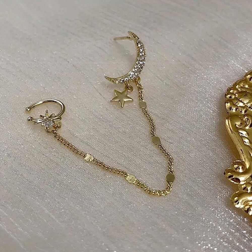 1 Uds Luna Simple borla de estrellas de la cadena pendiente oro Dangler para mujeres de Clip de oreja joyería