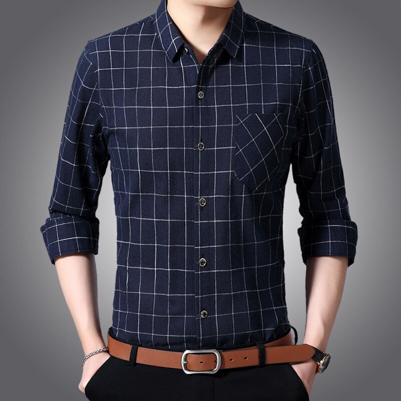 Jbersee Spring Autumn Men Dress Shirt Long Sleeve Black Shirt Korean Clothes Slim Fit Plaid Casual Shirts Mens Clothing: dark blue / XL