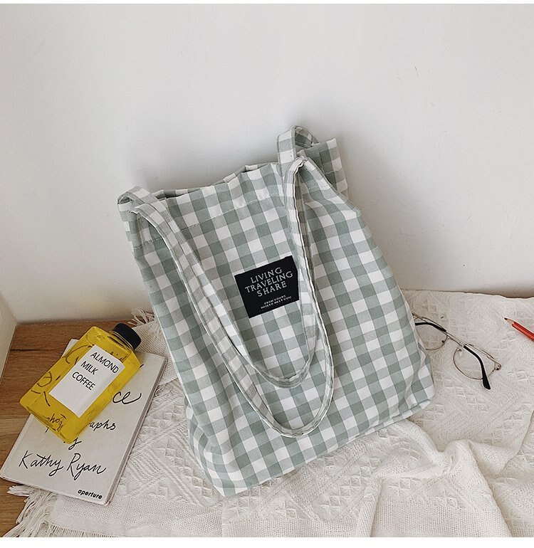 Mode Duurzaam Vrouwen Student Katoen Linnen Enkele Schoudertas Shopping Tote Check Plaid Vrouwelijke Vlas Canvas Boodschappentassen: Light Green