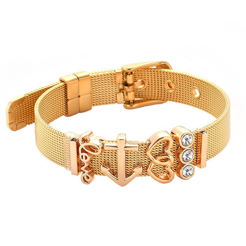 Mesh Bracelets Slide Crystal Love Heart Charms Fine Bracelet Stainless Steel Bracelet for Woman Valentine's Day Jewelry