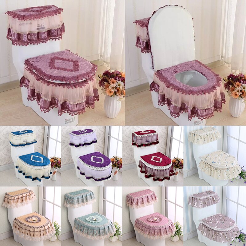 Asiento de inodoro de encaje para baño, cubierta de tanque de agua, Cubierta superior, juego de almohadillas de inodoro, cojín Protector de inodoro con estampado Floral de tres piezas