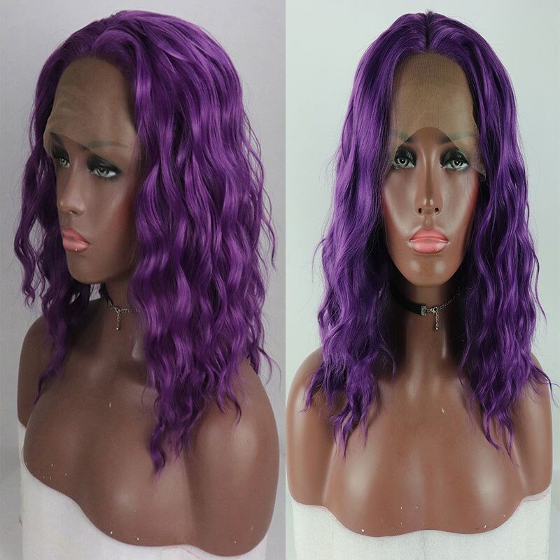 Bombshell krótki bob włosy syntetyczne koronkowa peruka na przód Glueless fioletowy brązowy niebieski luźna fala włókno termoodporne włosy dla kobiet peruki: purple / 12 inch lace front