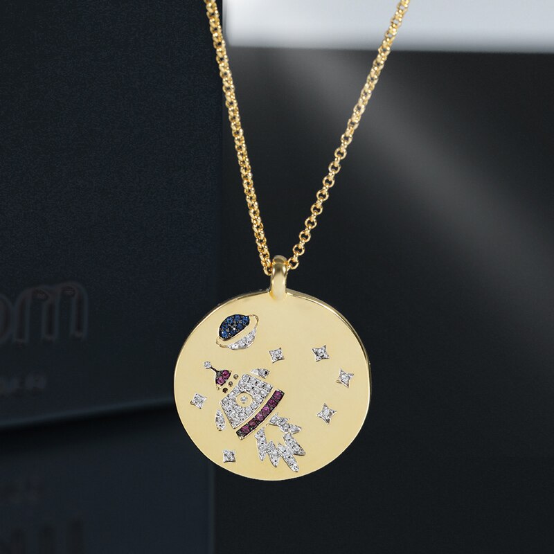 S925 Vliegende Ruimte Paard, Starry Galaxy, Golden Moon Ruimtevaartuig. Ronde Vrouwelijke Ketting Armband Oorbellen Luxe Sieraden.: Necklace1