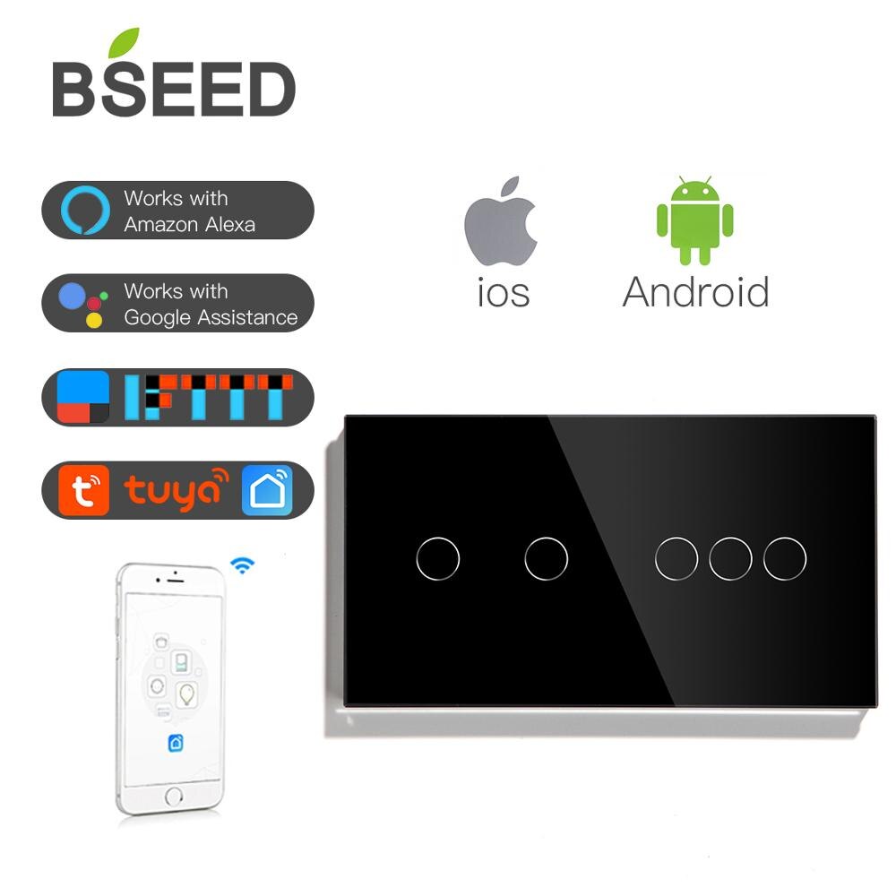 Bseed 2/3Gang 1/2/3 weg Wifi Kontrolle Licht Schalter 5Gang berühren Schalter Zauberstab Schalter Kristall Klasse Clever schalten arbeit Mit Tuya: Schwarz