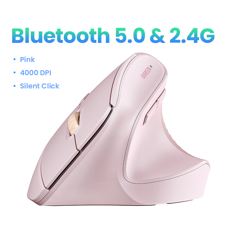 UGREEN Vertical Wireless Mouse 2.4G Ergonomic 4000DPI 6 Mute Buttons for MacBook Tablet Laptops Computer PC Mice Black Pink: black