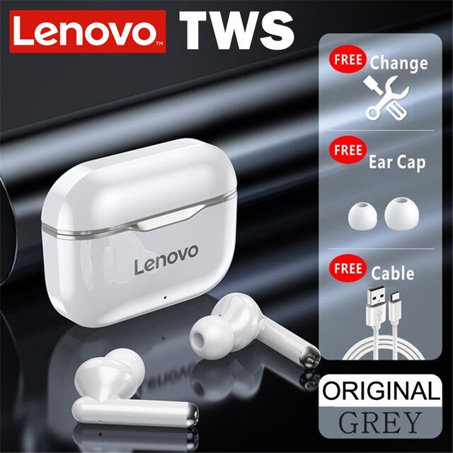 Lenovo-auriculares inalámbricos LP1 con TWS, cascos deportivos impermeables con Bluetooth 5,0, micrófono con cancelación de ruido, estéreo Dual, HIFI, bajos táctiles: grey