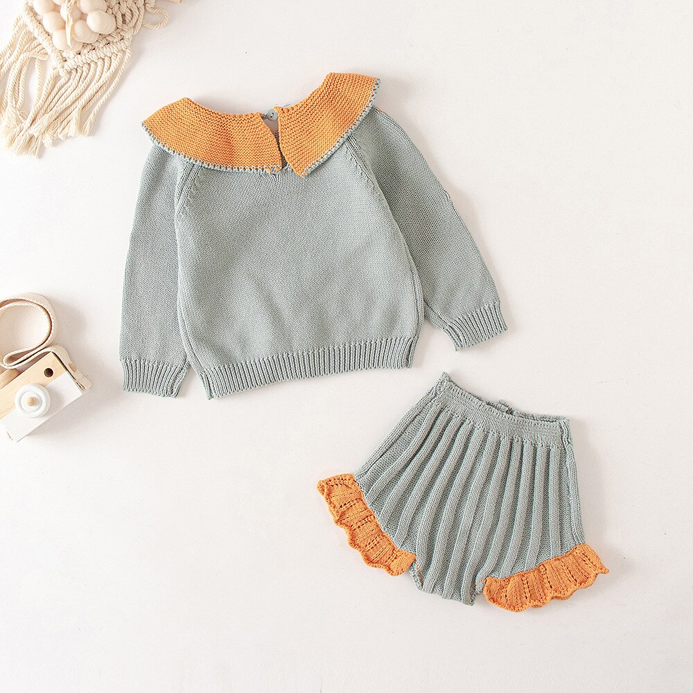 Peuter Baby Meisjes Trui Sets Baby Baby Meisjes Kleding Pak Kind Gebreide Geborduurde Lotusblad Kraag Top Knit Shorts 2 stuks