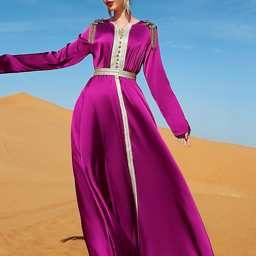 Moroccan Kaftan Maxi Dress – Handmade Cotton With Golden Bead Lace (Muslim Abaya Dress)