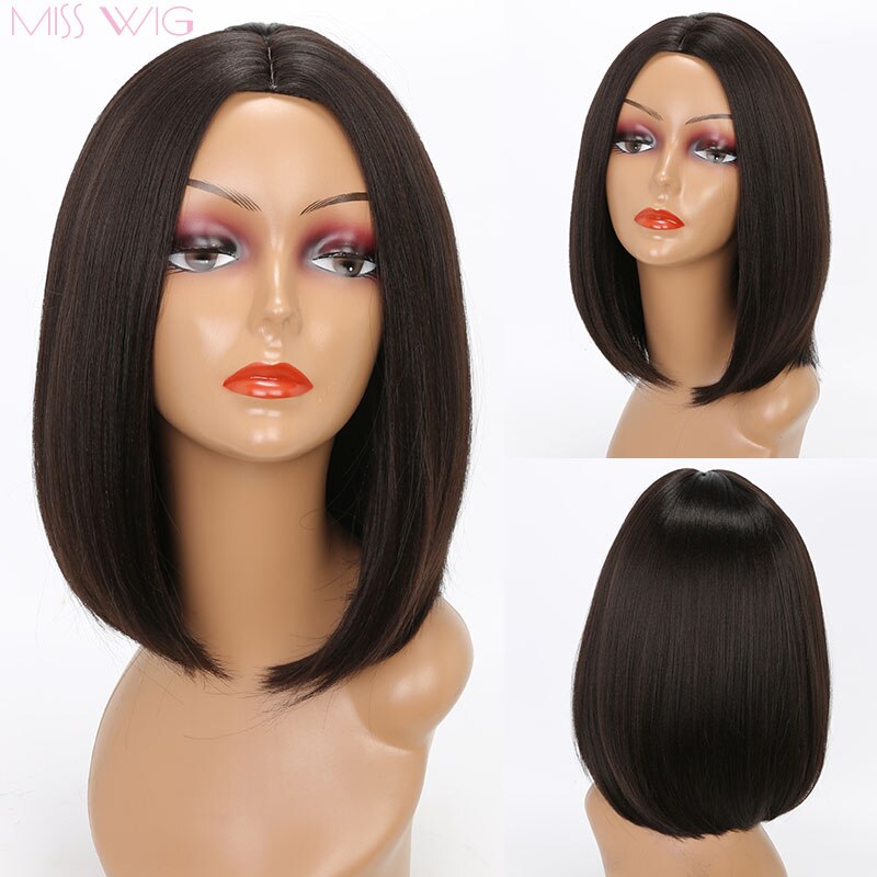 Miss Pruik Korte Rechte Ombre Roze Hittebestendige Bob Pruik Voor Vrouwen Zwart Ombre Kleur Synthetisch Haar: #1