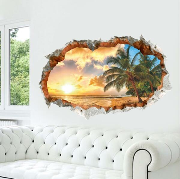 Self-Adhesive 3D Wall Sticker Beach Palm Tree Window Decal Mural Wallpaper Removable PVC Home Decoration Wall Stickers: Default Title