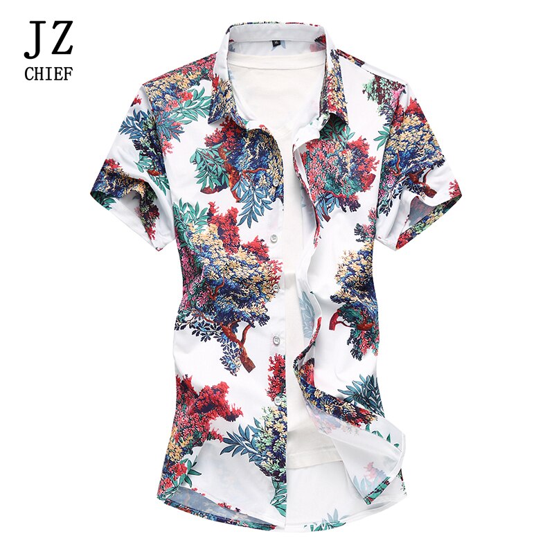 Jz chief heren bedrukte bomen l shirts casual feestkleding korte mouwen hawaiiaans overhemd slim fit bloemen sociaal overhemd plus maten