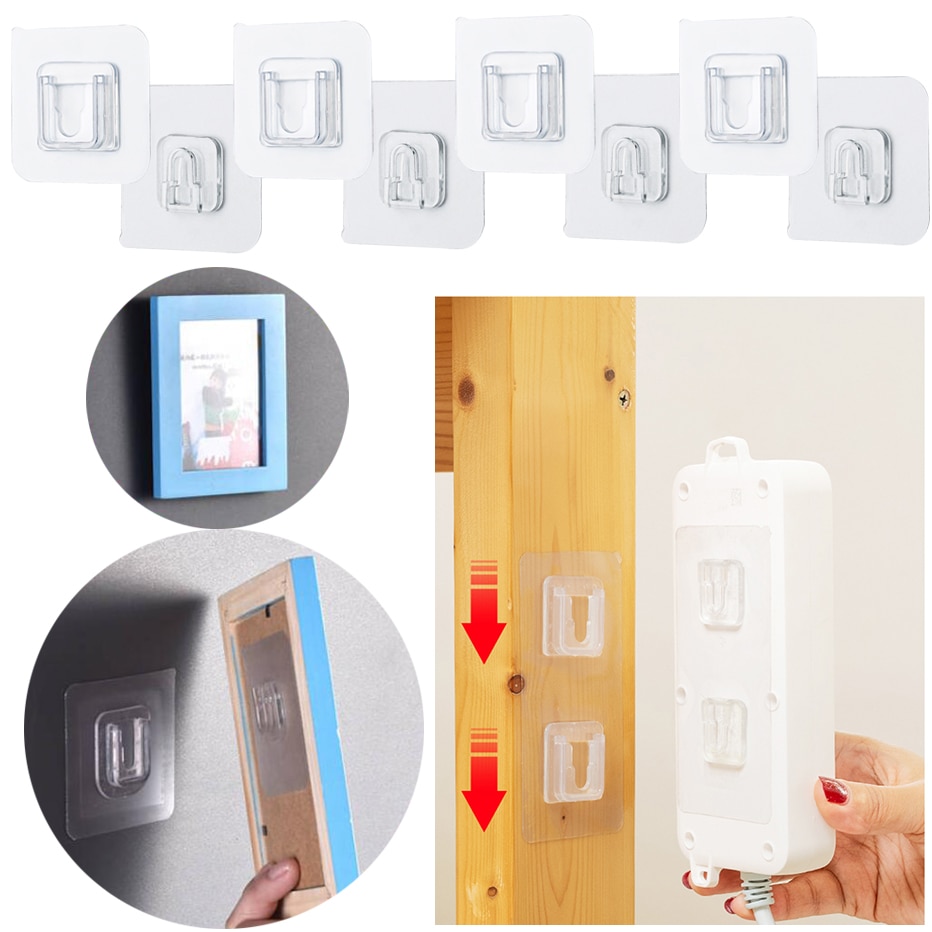 4Pairs Adhesive Hanger Wall Hooks Strong Suction Wall Storage Hooks Double-sided Pitcture Hanging Rack Power Strip Holder