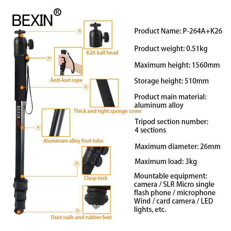 BEXIN portable lightweight 47cm monopod aluminum camera stand P-264 witn phone clip for dslr camera Video