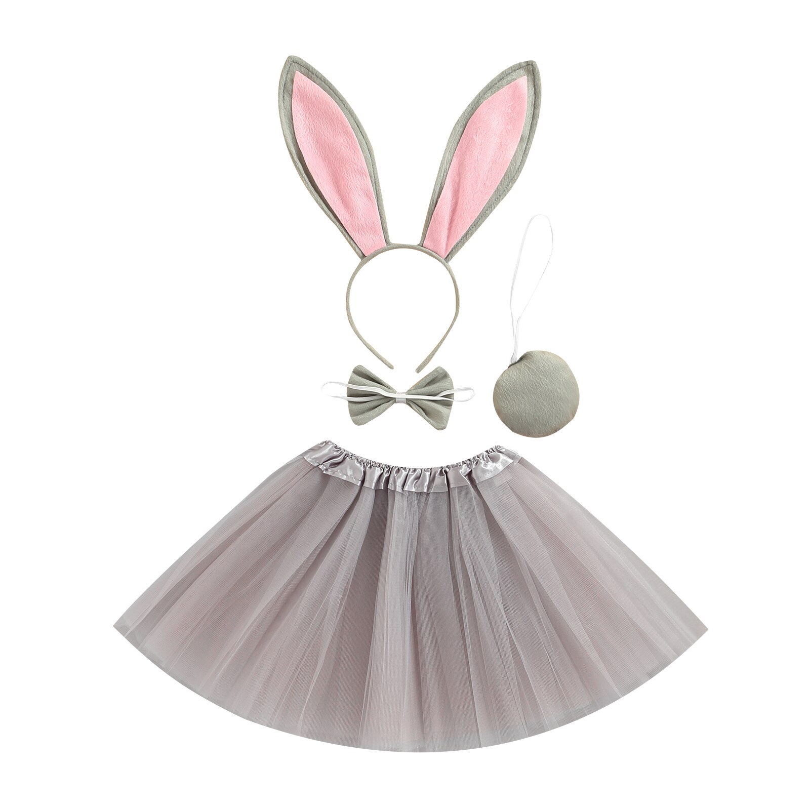 Vestiti per la fotografia della neonata del bambino, fascia per capelli coniglietto pasquale + papillon + coda + gonna in Tulle multistrato 0-3T: GRAY