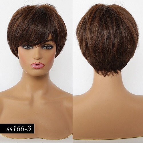 Jonrenau 8 tommer syntetisk kort lige paryk lys blonde brune parykker med pandehår pixie cut parykker til hvide sorte kvinder: Ss166-3