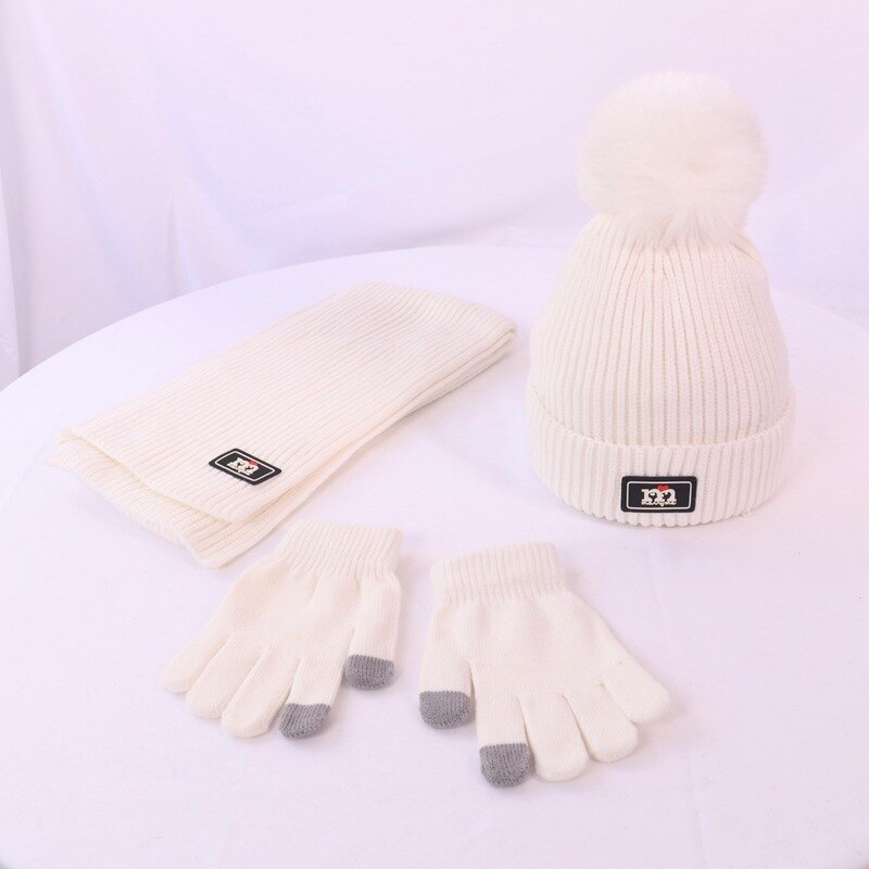Børns vinter / efterår uld tredelt sweater cap til drenge og piger strikket varm hat tørklæde handsker sæt: Tredelt hvid
