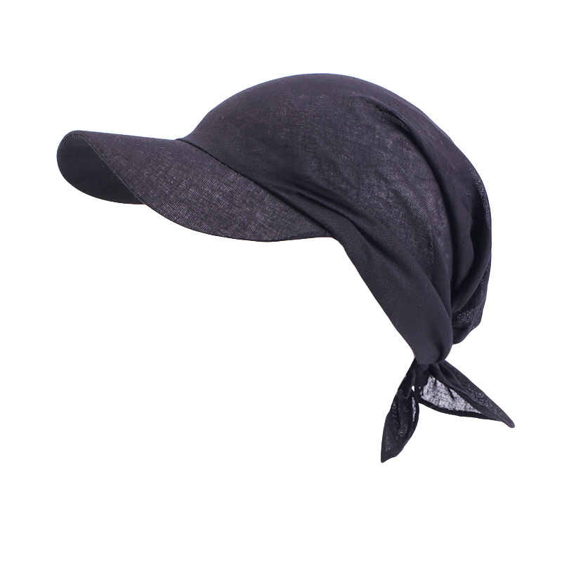 Vrouwen Brim Bandana Sjaal Cap Zonneklep Met Pre-Gebonden Tulband Katoen Hoofddoek Head Cover Haaruitval Sjaal Wrap strand Outdoor Hoed: Black