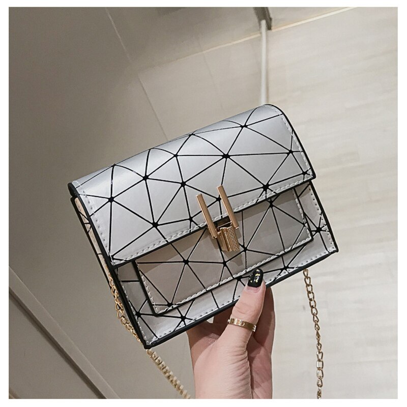 Geometrie Patroon Vrouwen Schoudertassen Lock Toevallige Kleine Messenger Bag Keten Vrouwelijke Pu Lederen Crossbody Tas Wilde Dagelijkse Tas: WK-035-Silver