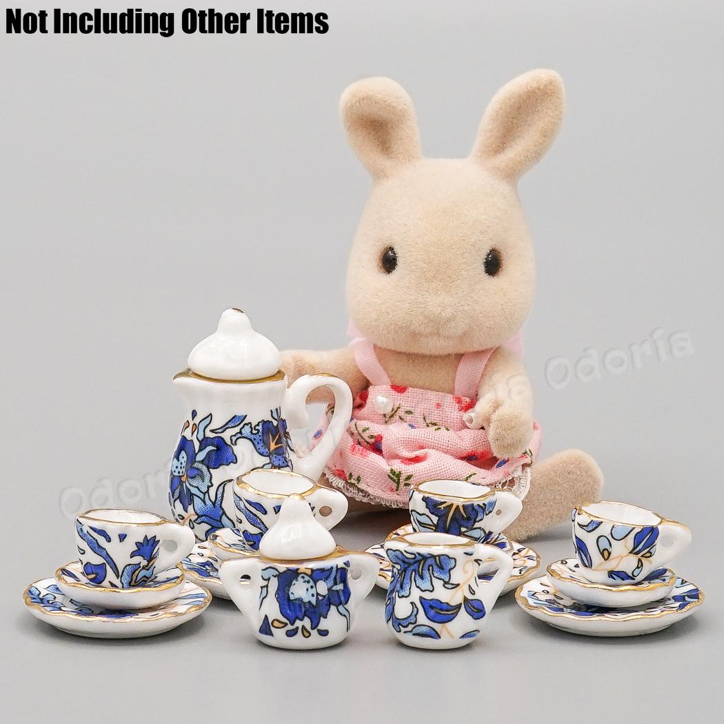 Odoria 1:12 Miniature 16PCS Blue Flower Patten Porcelain Coffee Tea Cups Ceramic Tableware Dollhouse Kitchen Accessories