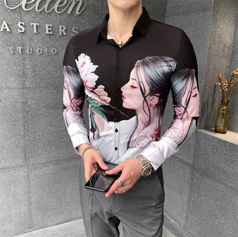 Camisa social masculina streetwear miesten paita brittiläistä tyyliä miesten pitkähihaiset paidat painatus korealaiset miesten paita rento slim fit: Musta / Korea  xl 60-65kg
