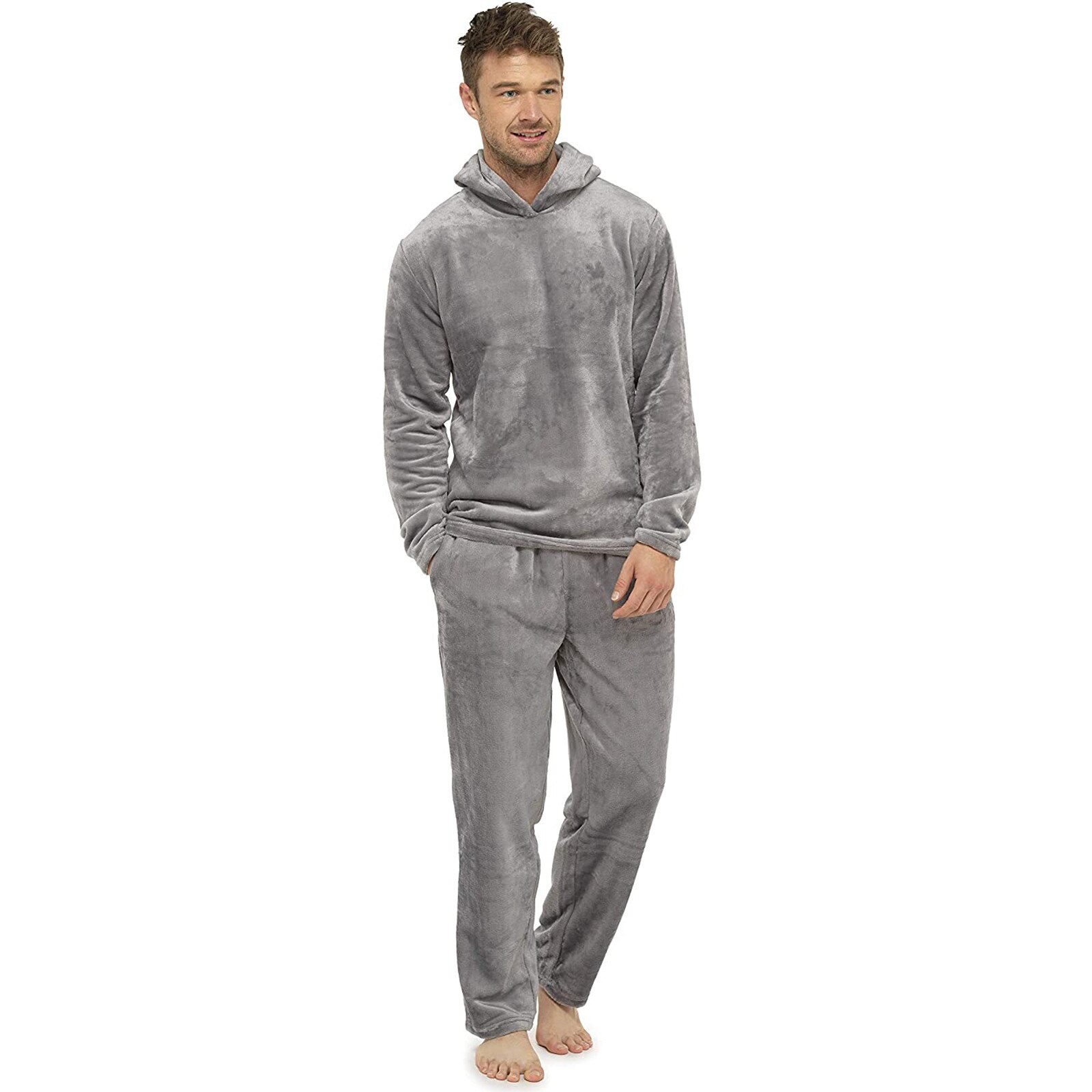 Plush Pajama Suit Men Warm Solid Brief Hooded Comfort Suede Sleepwear Home Daliy Pajamas Suit Пижамный Комплект