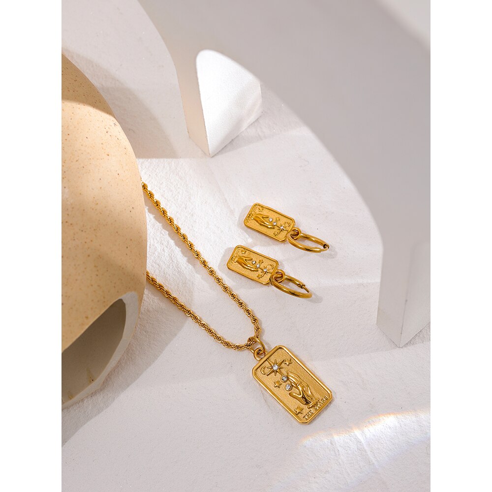 Yhpup Rvs Star Hand Hanger Ketting Oorbellen Set Verklaring Gouden Celestial Set Titanium Stalen Sieraden 2022