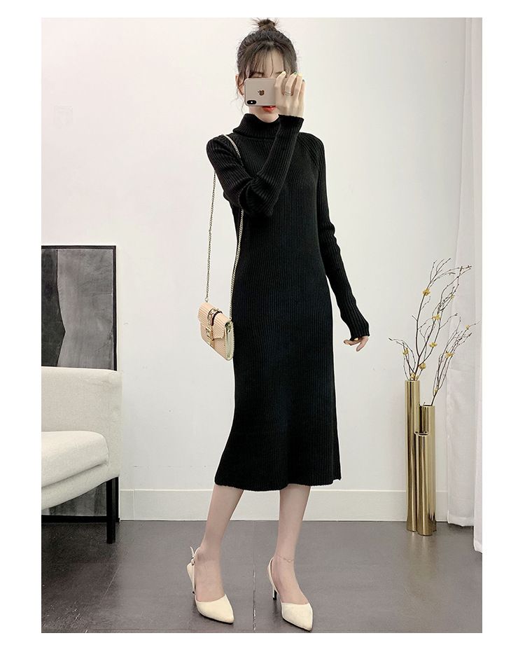 Coltrui Volledige Mouw Gebreide Jurk Vrouwelijke Winter Fall Vestidos Casual Dikke Gedraaide Vrouwen Lange Trui Jurken Beige: black dress