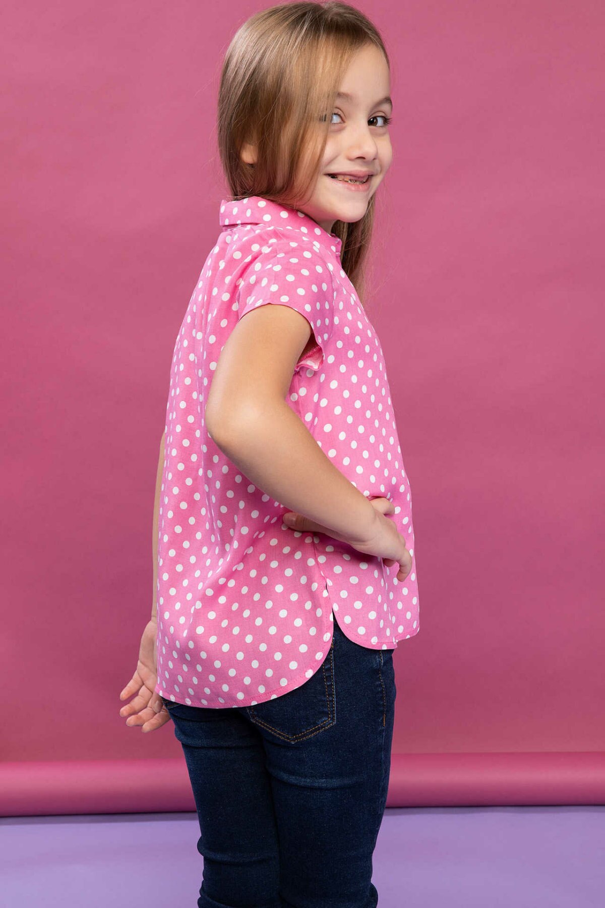 DeFacto Lovely Girl Short Sleeve Shirt Kids Pink Dot Blousers Girls Casual Loose Tops Summer - K4694A619SP