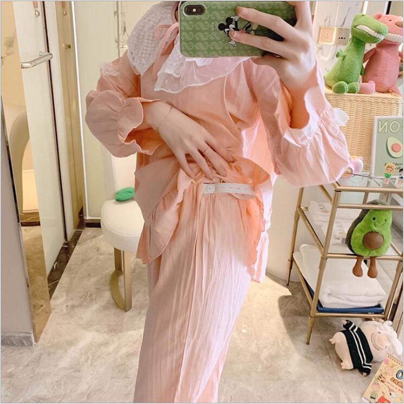 Roze katoenen nachtkleding voor de zwangerschap, herfst en zomer, pyjama's met kant voor de voeding van zwangere vrouwen, nachtkleding voor de zwangerschap  x057