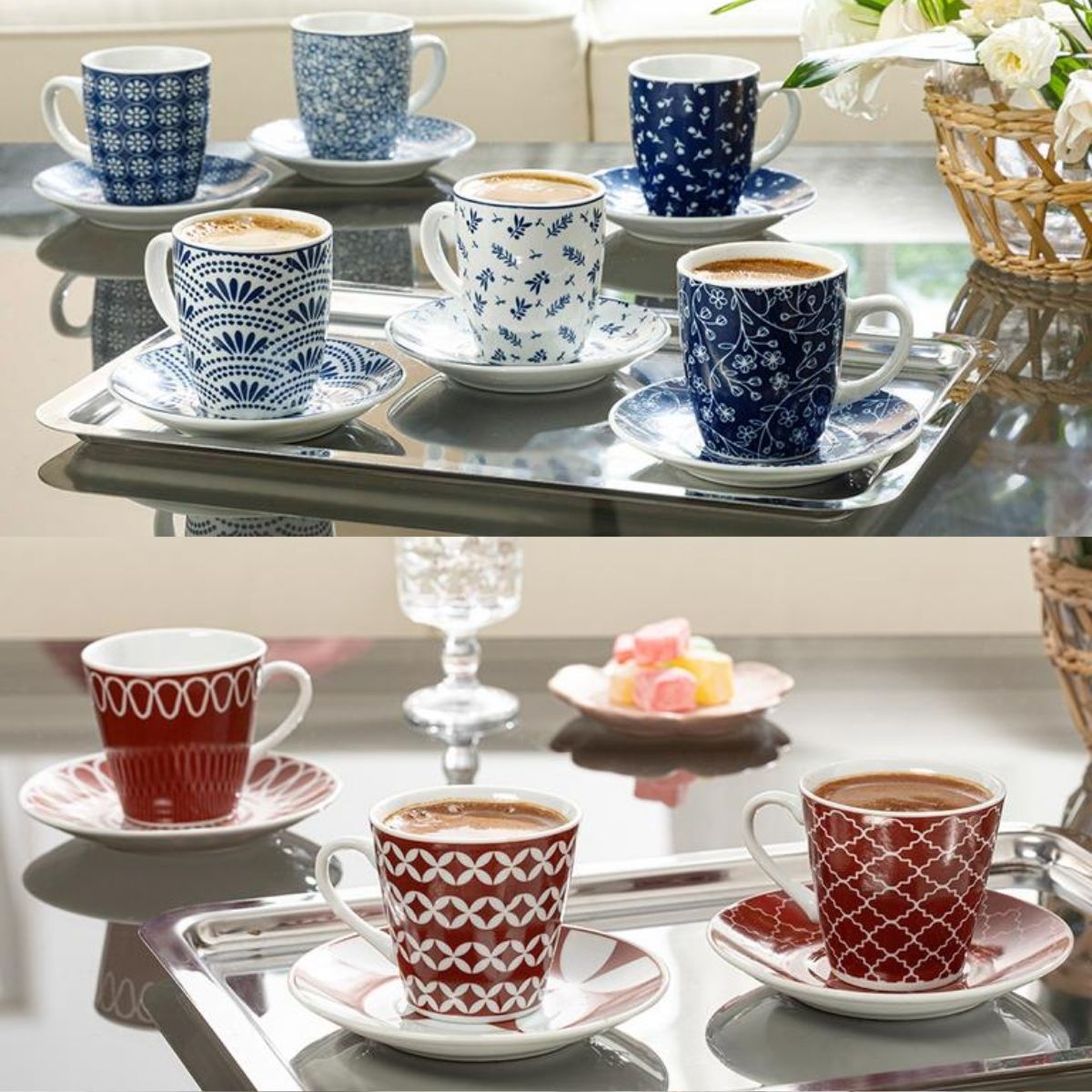 Porcelain Coffee Cup Sets, 6 Person Espresso Turkish Coffee Stylish Cups and Saucers Ceramic Mugs European Luxury