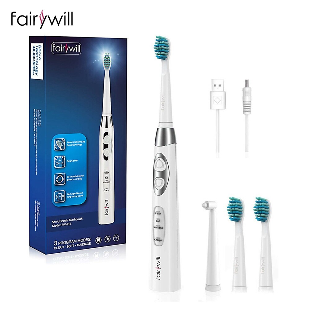 Fairywill Electric Sonic Rechargeable FW-917 Toothbrush USB Fast Charge Waterproof Electronic Tooth Replacement 3 Heads For Adu