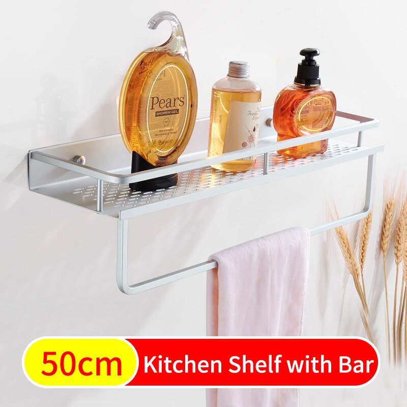Køkkenhylde opbevaringsstativ krydderier aluminium køkkenstativarrangør med håndklædestang vægmonteret krydderestativ badeværelse hylde sort: Mat med stang -50cm