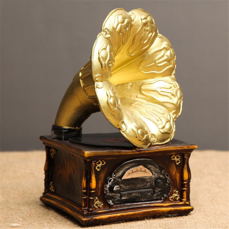 Retro Music Box Ornaments Resin Mini Gramophone Miniature Model Vintage Art Mechanical Work Home Coffee Desk Decor Birthday