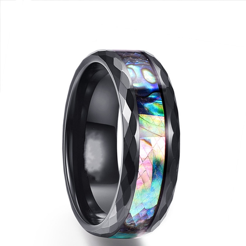 Titanium Ring Voor Mannen. Pure Zwarte Ring Oppervlak Met Lange Kleurrijke Shell Roestvrij Stalen Ring. Nobele Kwaliteiten Van Man