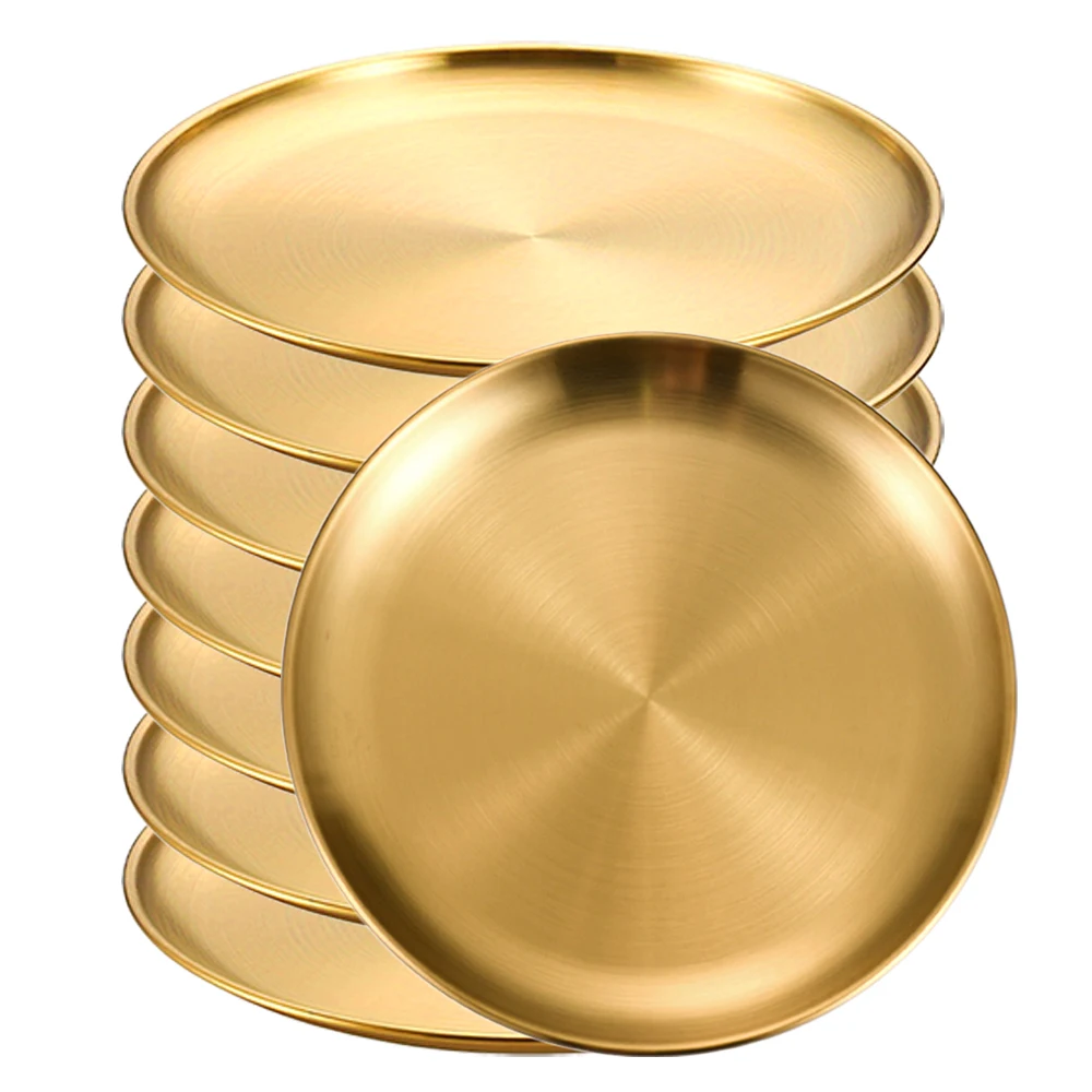 8 Stücke Edelstahl Runde Goldene Flache Tablett Platte Rostfrei 14/17/20/23/26 cm Camping Platte BBQ Picknick Gerichte Kochgeschirr: Silber
