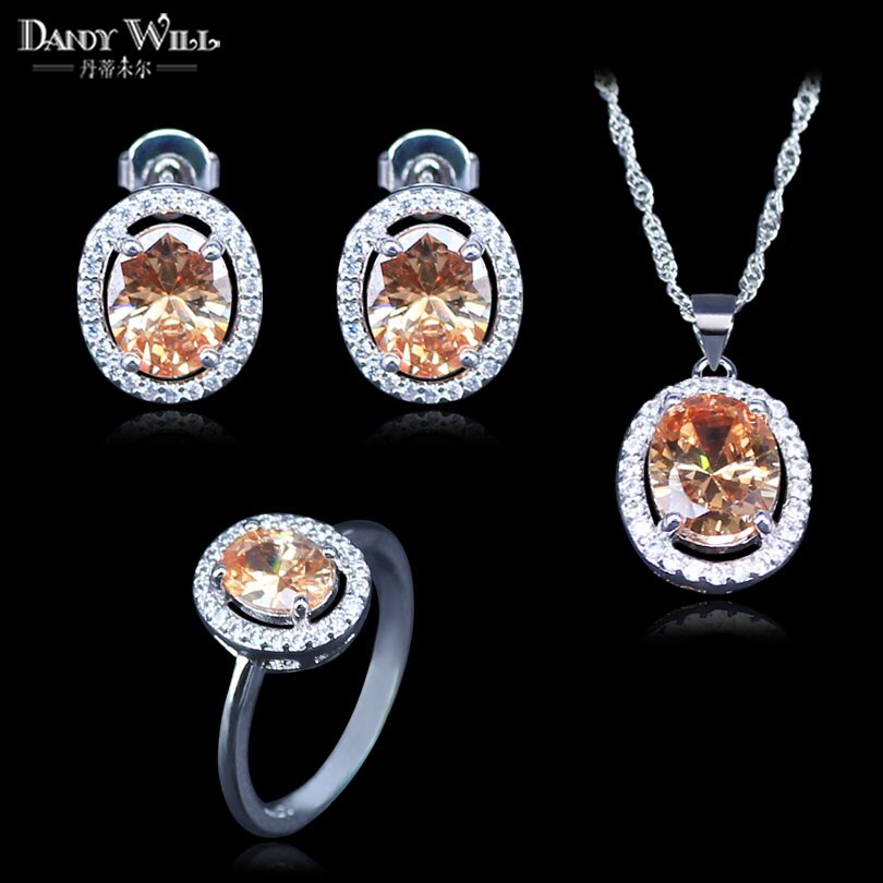 Champagne Zirkoon Vrouwen Bridal Zilver Kleur Sieraden Sets Earring Met Witte Stenen Hangers &amp; Kettingen/Ringen Set Geschenkdoos: 9