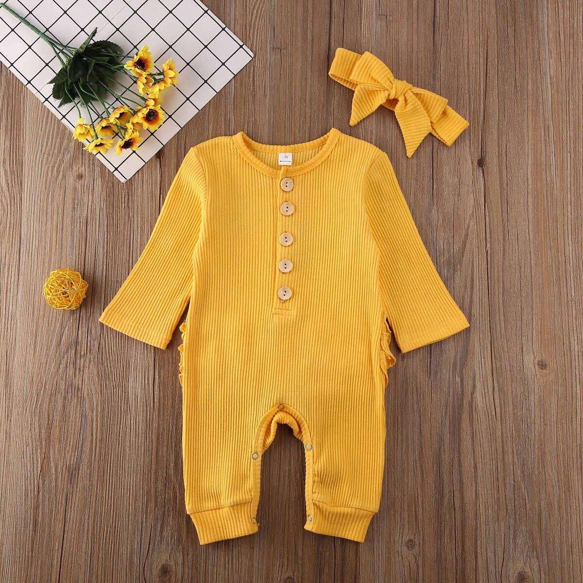 Newborn Baby Boy Girl Rompers Headband 2pcs Outfit Knitted Solid Kong Sleeve Ruffle Romper Jumpsuit Clothes
