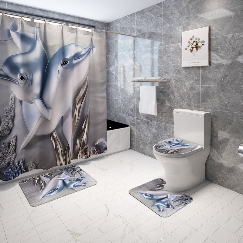 Cartoon Dier Gedrukt Tapijt Mat Voor Badkamer Badmat En Douchegordijn Set Toilet Seat Cover Mat Badmat Met gordijn Set: 4pcs-687