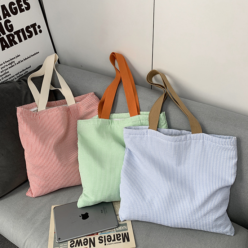 Stripe Contrast Color Women's Canvas Shoulder Bag Large Capacity CollegeBook Tote Zipper Handbags Simple Commuter Shopping Bag